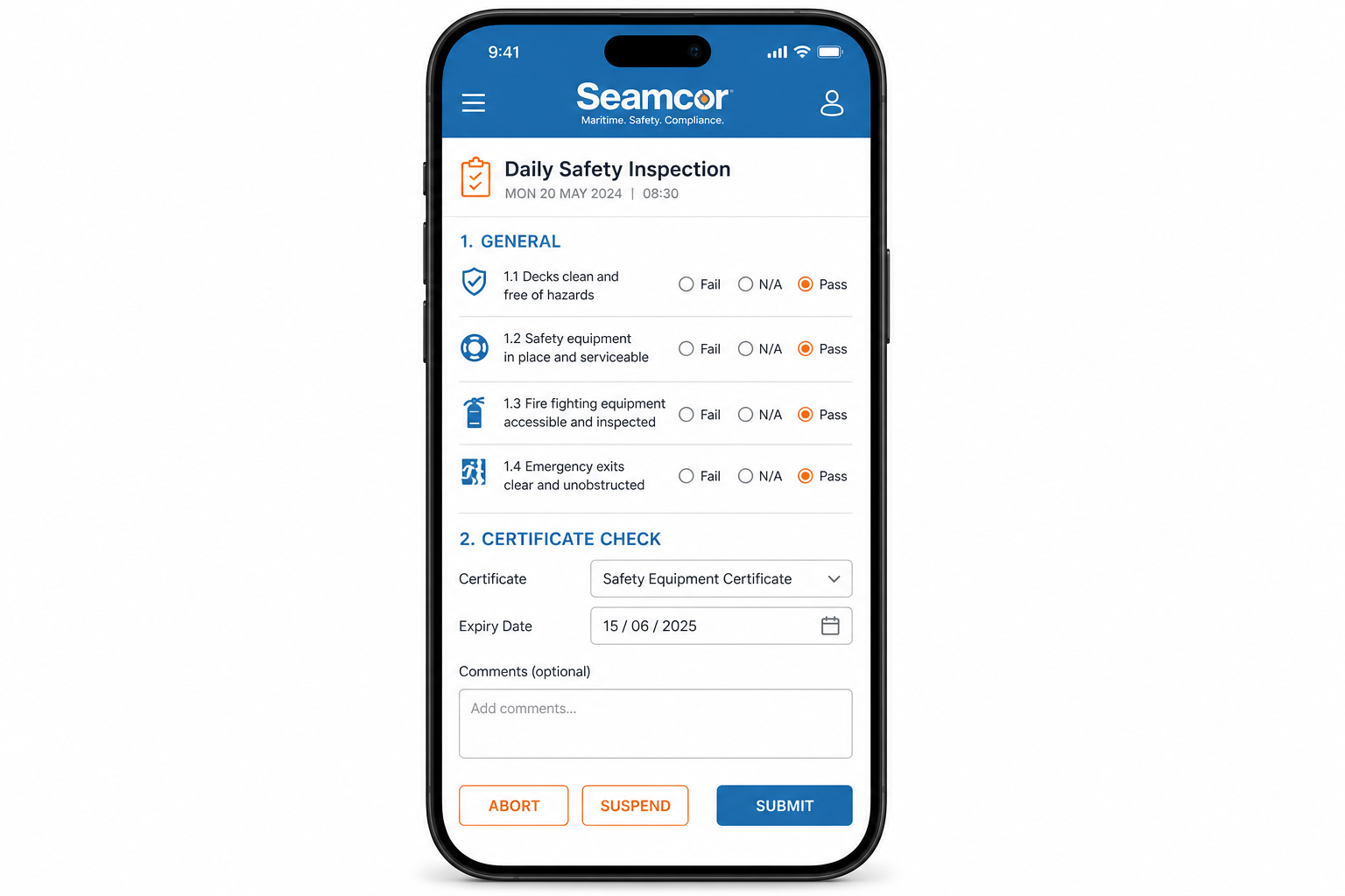 Seamcor mobile compliance checklist with pass/fail and submit